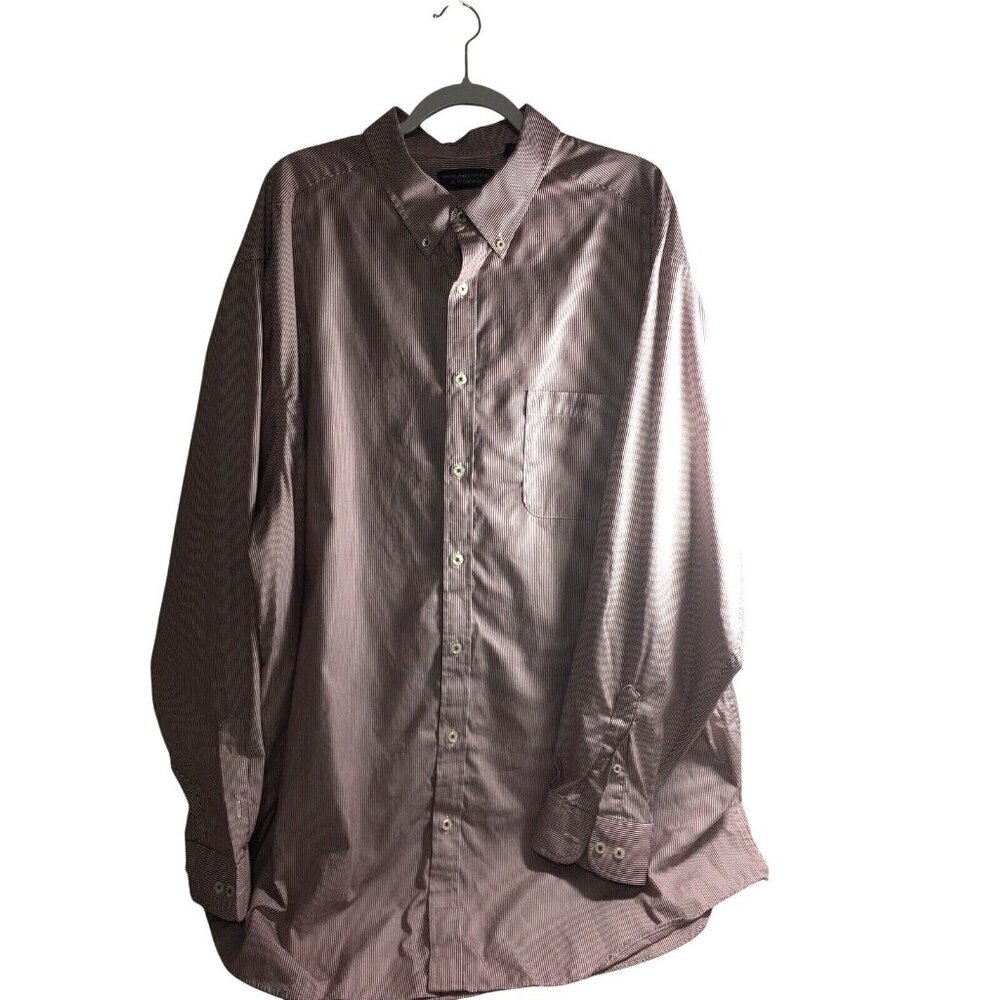 Roundtree & Yorke Mens Long Sleeve Shirt Button Down Chest Pocket Burgundy Strip